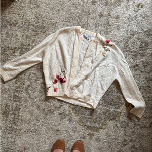 Vintage Cream Cardigan with Red Floral Embroidery